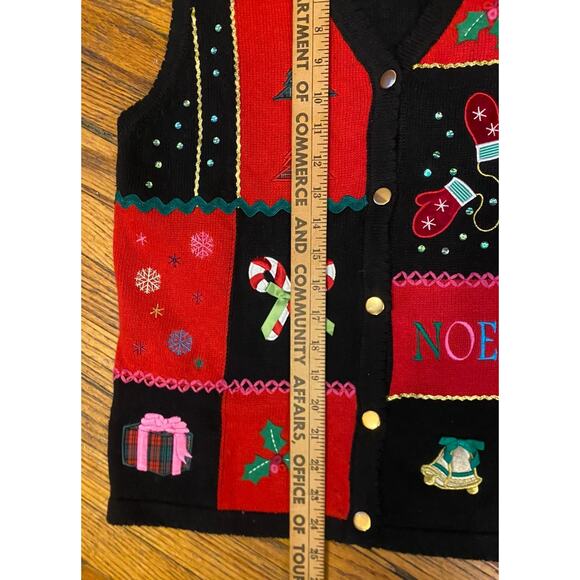 Vintage Christmas Ugly Sweater Cardigan Appliqué Jewels Women M/L Merry & Bright - Picture 5 of 6